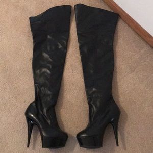 Black pleather thigh high boots. Size 9